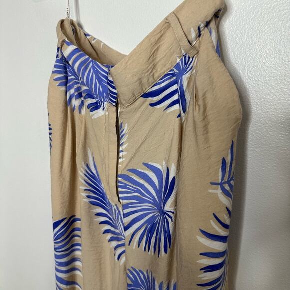 FRNCH Wide Leg Palm Leaf Pants, Crinkle, Taupe and Blue, Boho, High Rise Small - Picture 7 of 9